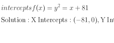 The intercepts of f(x)=y^2=x+81 is X Intercepts: (-81,0),Y Intercepts: (0,81)